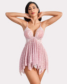 Heart-print babydoll lingerie with lace plunge cups, tie-front detail, and flared skirt; light pink