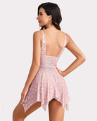 Heart-print babydoll lingerie with lace-trim straps and sheer flared skirt; light pink