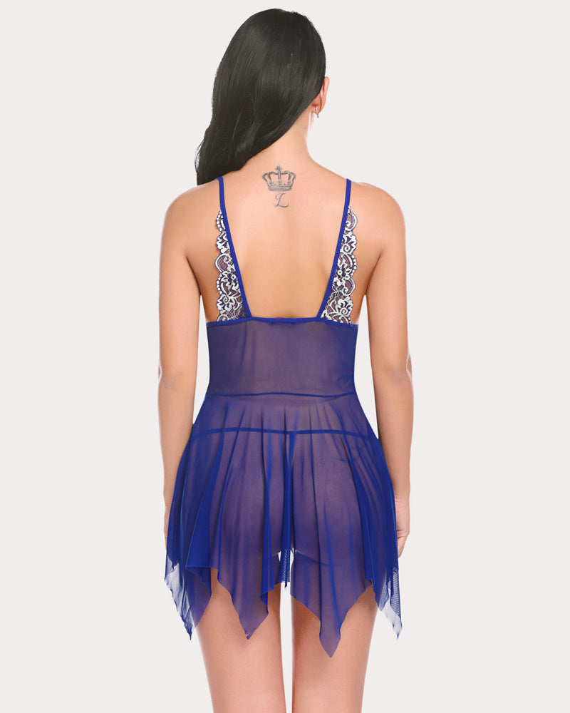 Blue lace-back V-neck babydoll with sheer layered skirt and adjustable spaghetti straps
