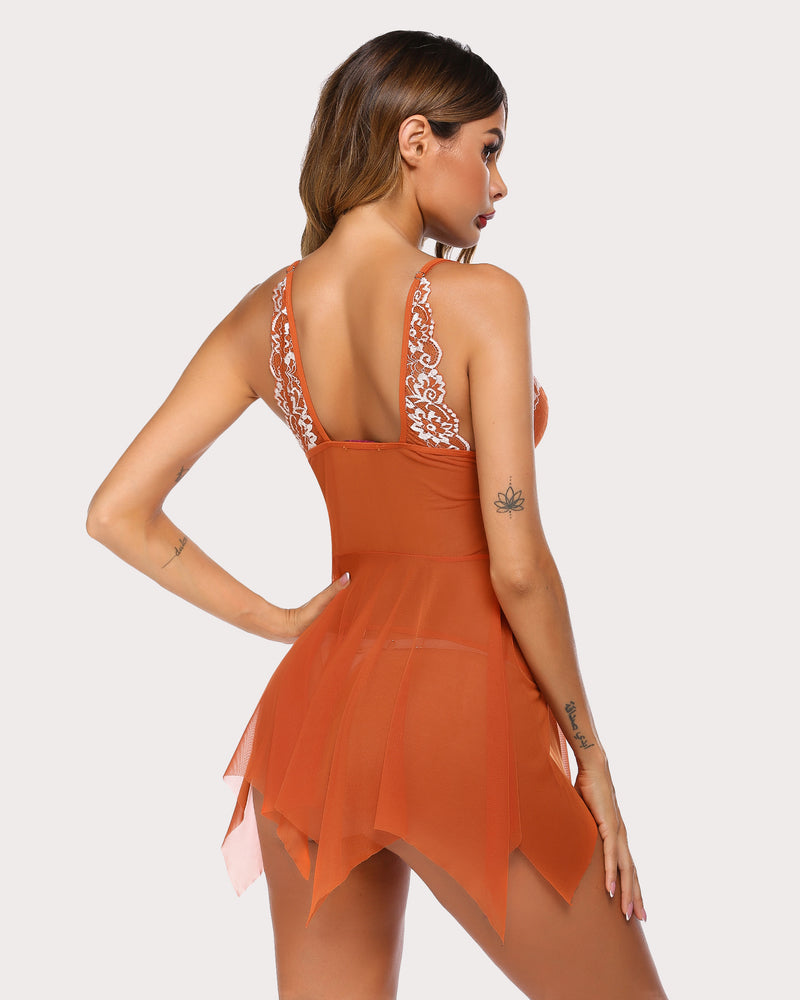Coppery brown lace-trim babydoll with open back and layered flounced hem