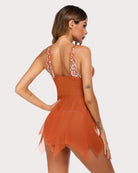 Coppery brown lace-trim babydoll with open back and layered flounced hem