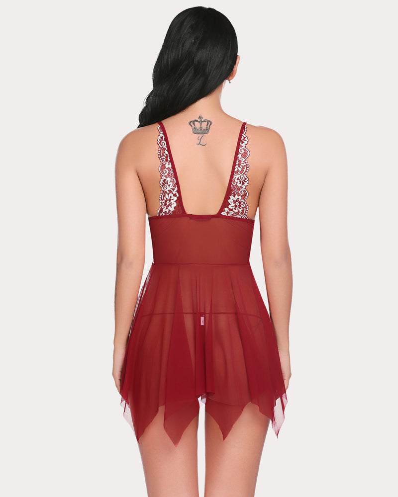 Red lace-back V-neck babydoll with sheer layered skirt and adjustable spaghetti straps