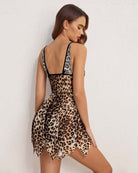 Leopard print lace babydoll lingerie with lace back trim and low open-back silhouette