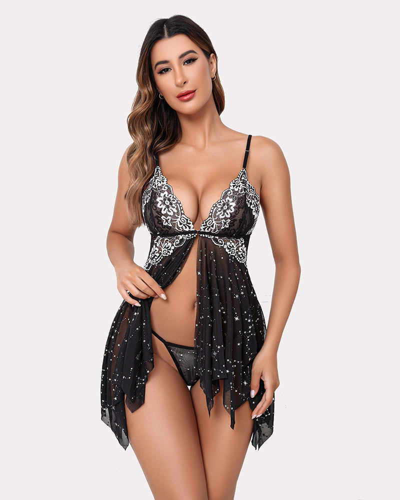 Star-print lace babydoll lingerie with underwire cups, sheer skirt overlay, black.