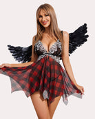 Black lace lingerie babydoll with sheer skirt and feathered wing accents