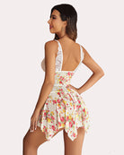 Backless lace lingerie chemise with white straps and floral skirt, open back