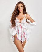 Lace lingerie babydoll with white lace cups and floral print skirt, off-shoulder look