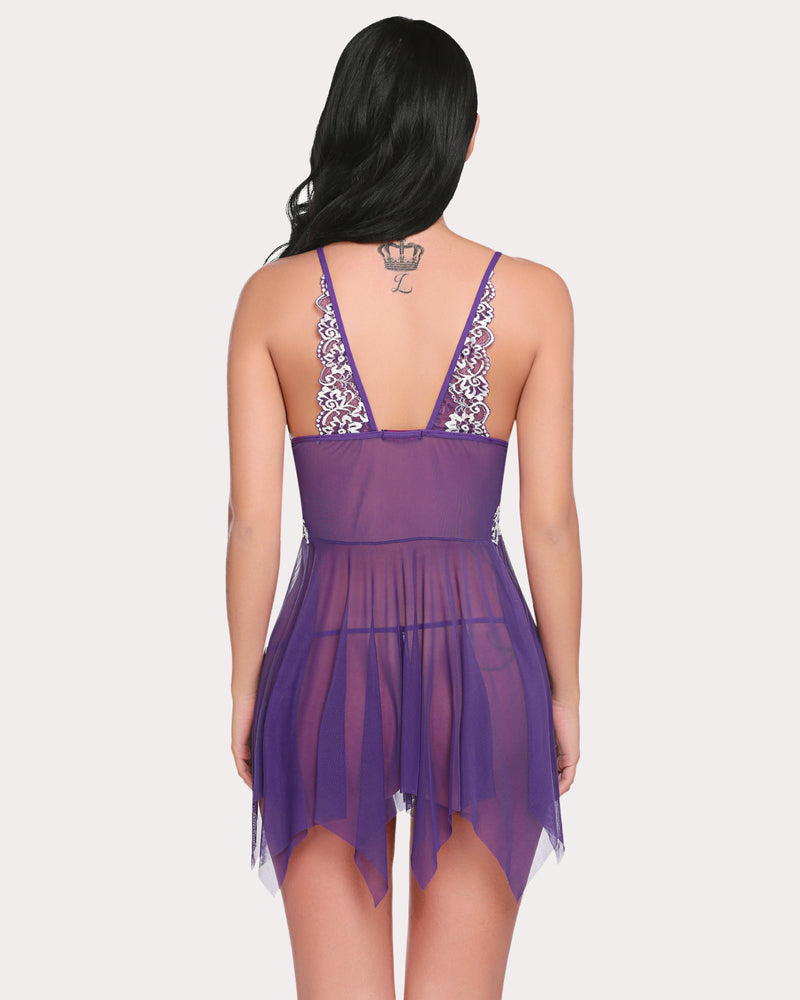 Dark purple lace front night dress, back view with scalloped lace and sheer hem.