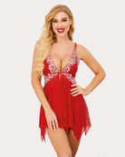 Red lace front night dress with embroidered lace cups and sheer babydoll skirt.