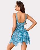 Floral babydoll lingerie with lace-trim straps and sheer flared skirt; blue floral print
