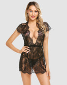 Black lace babydoll chemise with deep V neckline and scalloped eyelash hem