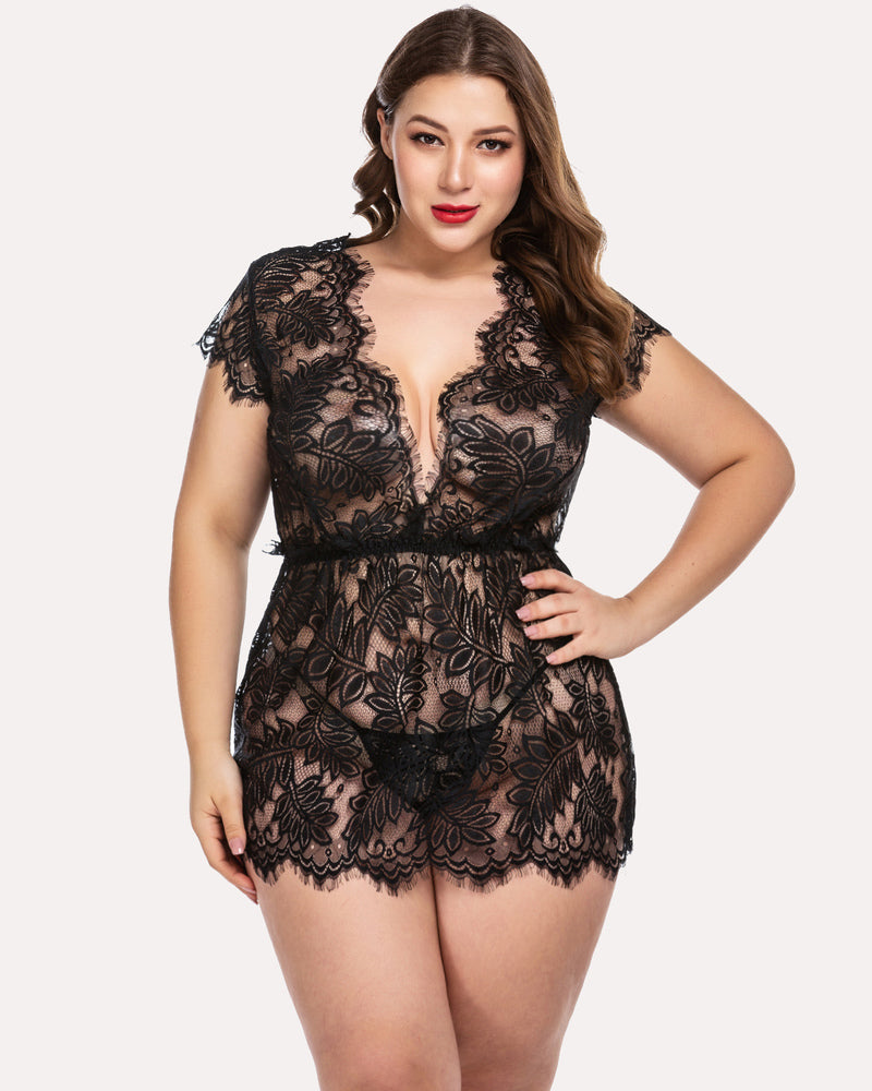 Plus size eyelash lace babydoll lingerie in black, V-neck lace bodice and matching shorts