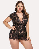 Black lace mesh babydoll chemise with deep V neckline and floral pattern