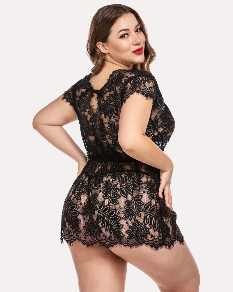Black lace mesh babydoll chemise with lace sleeves and open back