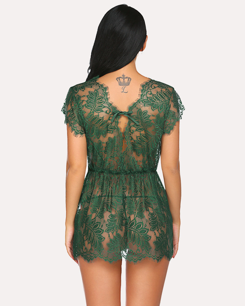 Dark green lace babydoll chemise with open back and allover floral lace