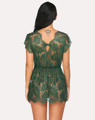 Dark green lace babydoll chemise with open back and allover floral lace