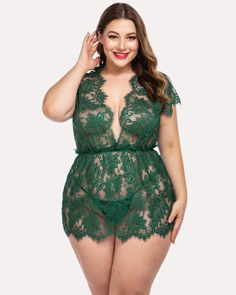Dark green lace mesh babydoll chemise with V-neck and floral embroidery