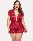 Dark red lace babydoll chemise with deep V neckline and floral lace trim