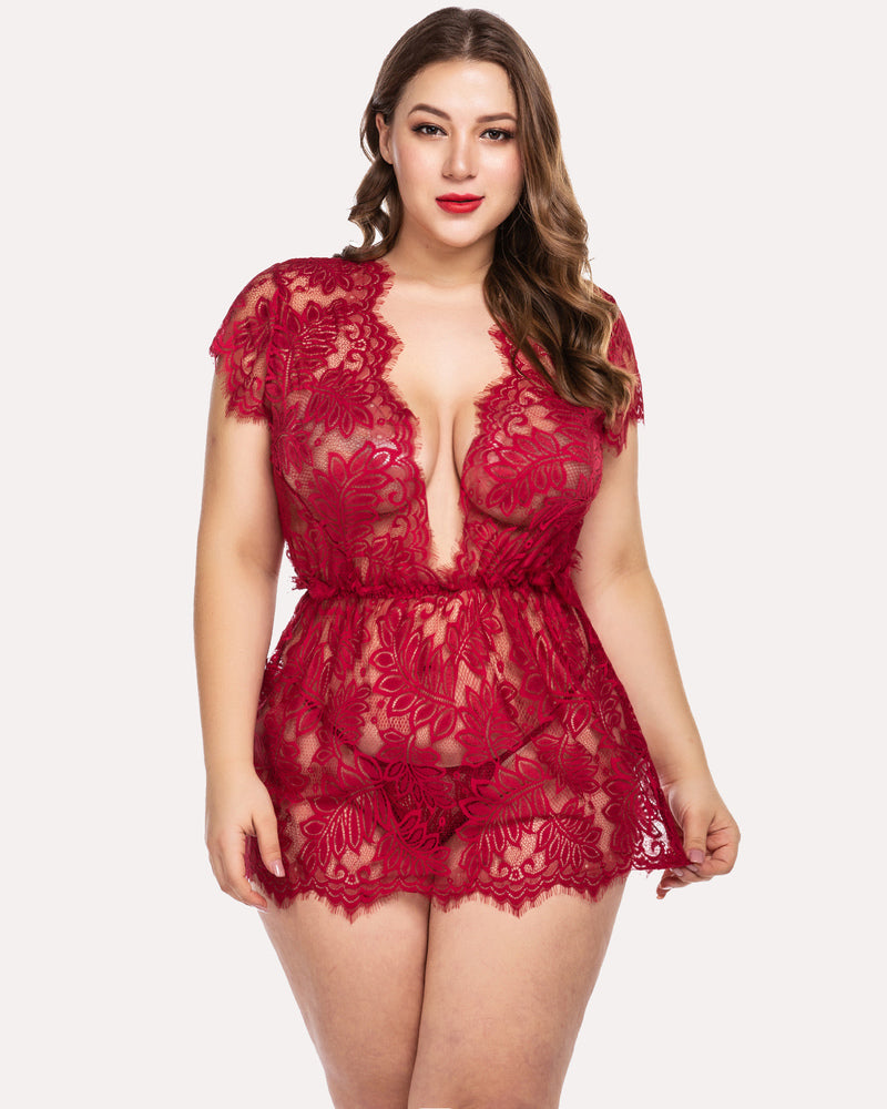 Dark red lace babydoll chemise with deep V neckline and floral lace trim