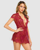 Dark red lace babydoll chemise with cap sleeves and fitted waist overlay