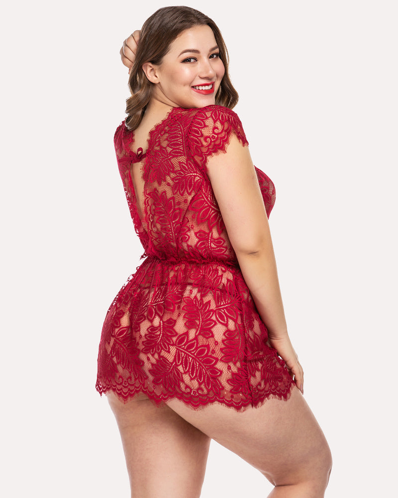 Dark red lace mesh babydoll chemise with eyelash lace trim and back cutout