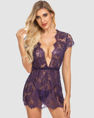 Purple lace babydoll chemise with deep V neckline and sheer lace bodice