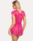 Pink lace mesh babydoll chemise with bow tie back and scalloped lace hem