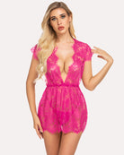 Pink lace mesh plunging babydoll chemise with long lace sleeves and elastic waist