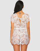 Cream lace mesh babydoll chemise with open back and scalloped eyelash trim