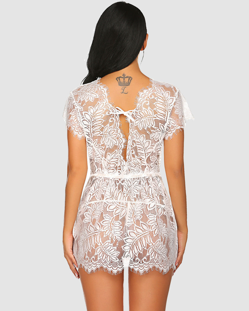 Cream lace mesh babydoll chemise with open back and scalloped eyelash trim