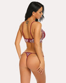 Wine red lace bra and thong panties set, open-back straps with contrast lace