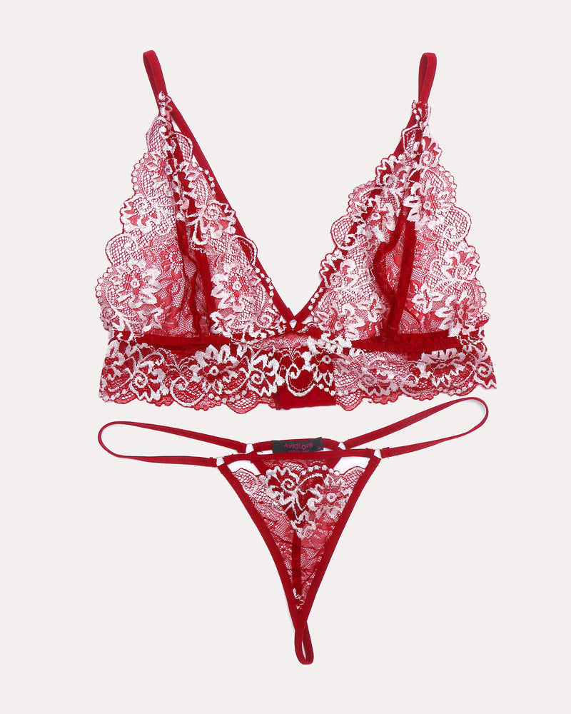 2-piece lace bra and panty set, red lace with white floral edging