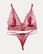 2-piece lace bra and panty set, red lace with white floral edging