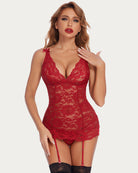Red lace garter mini teddy with plunging cups and adjustable garter straps