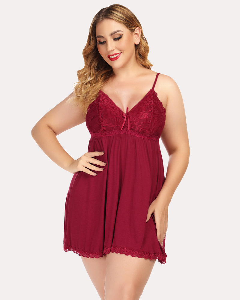 Burgundy lace babydoll lounge dress with V-neck, thin straps, scalloped lace hem