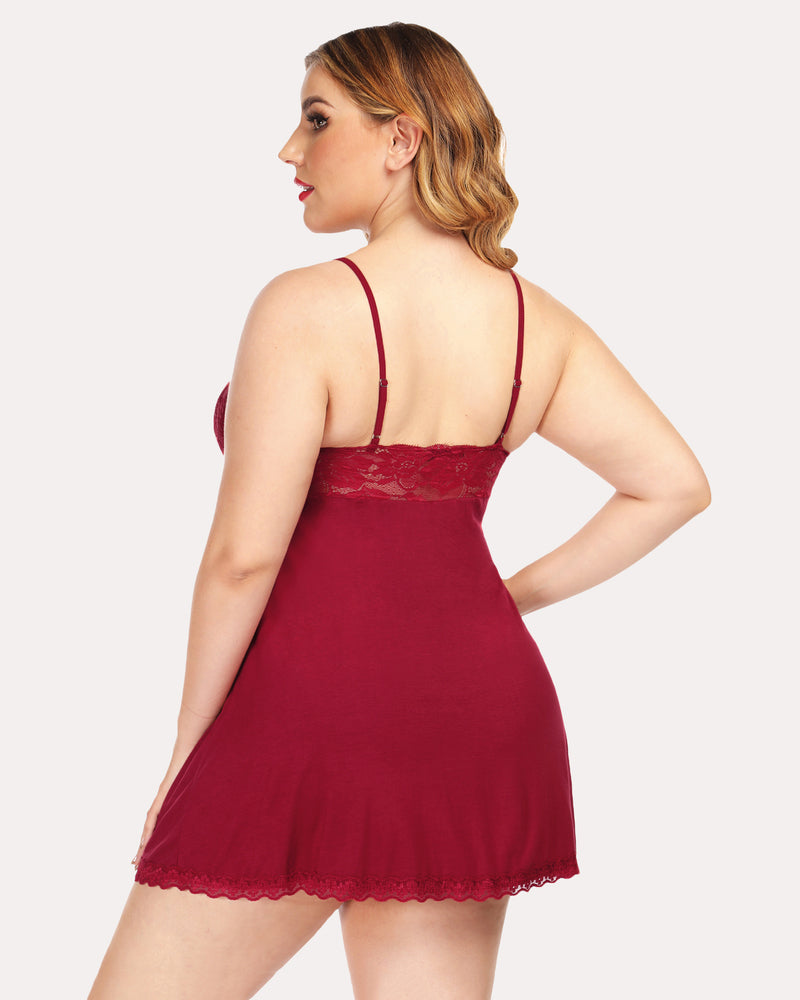 Burgundy lace babydoll lounge dress with open back, thin straps, short flared hem