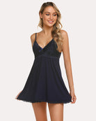 Lace V-neck modal babydoll with lace cups and scalloped hem, dark navy