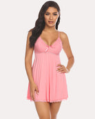 Pink lace V-neck modal babydoll with bow-detail bust and flared skirt hem