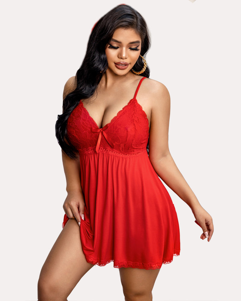 Red lace babydoll lounge dress with V-neck bodice and gathered skirt hem