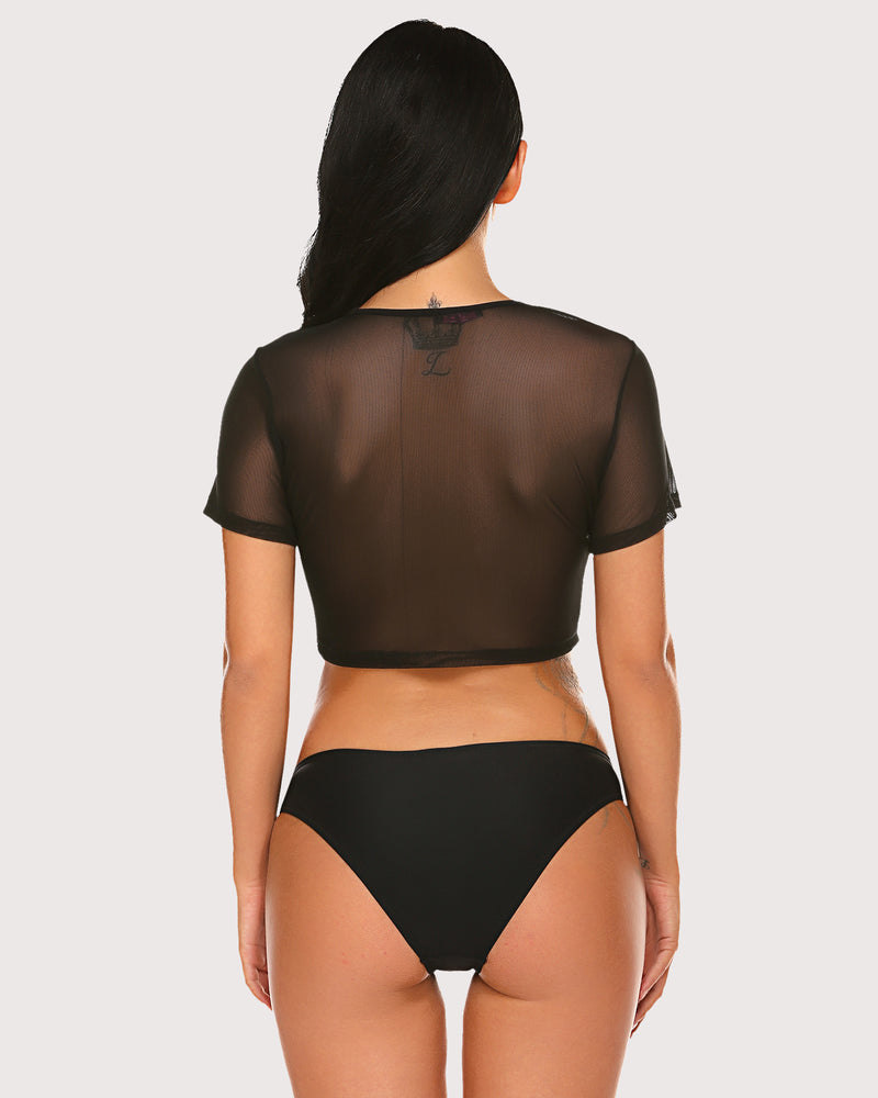 Mesh crop top, sheer black, short sleeves with cropped length, back view