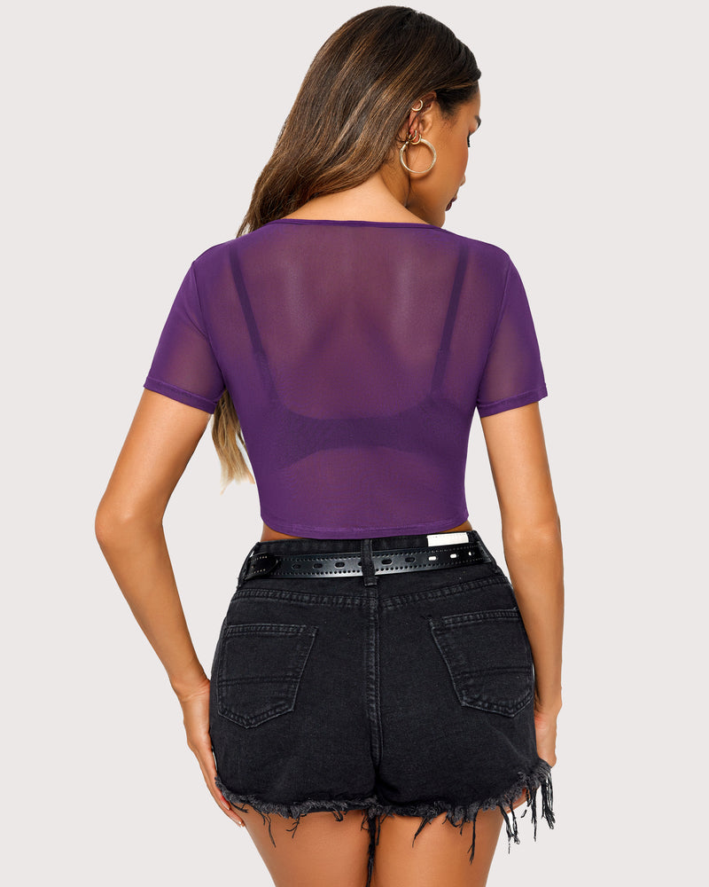 Mesh crop top, purple sheer, short sleeves, cropped length, back view
