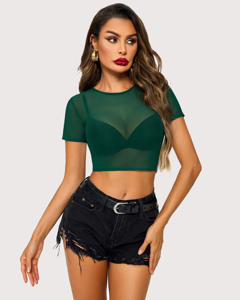 Mesh crop top, dark green sheer with heart-like panel, short sleeves