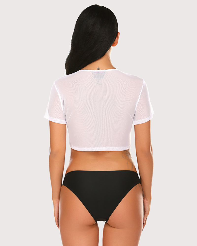 White sheer mesh crop top, back view, short sleeves and round neckline.