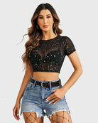 Mesh crop top, black sheer with star print, short sleeves and cropped hem