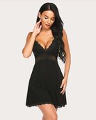 Black lace V-neck slip sleep dress with scalloped hem and gathered skirt