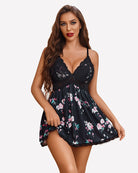 Floral print V-neck slip dress in dark fabric with lace bust and floral skirt