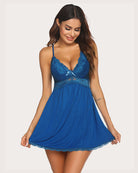 Blue lace V-neck slip sleep dress with spaghetti straps and scalloped lace hem