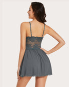 Lace full slip dress, back view with thin straps and dark gray gathered skirt