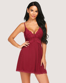 Burgundy lace V-neck slip sleep dress with front lace detail and scalloped hem