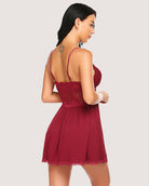Dark red lace slip sleep dress with thin straps, open back, and scalloped lace hem